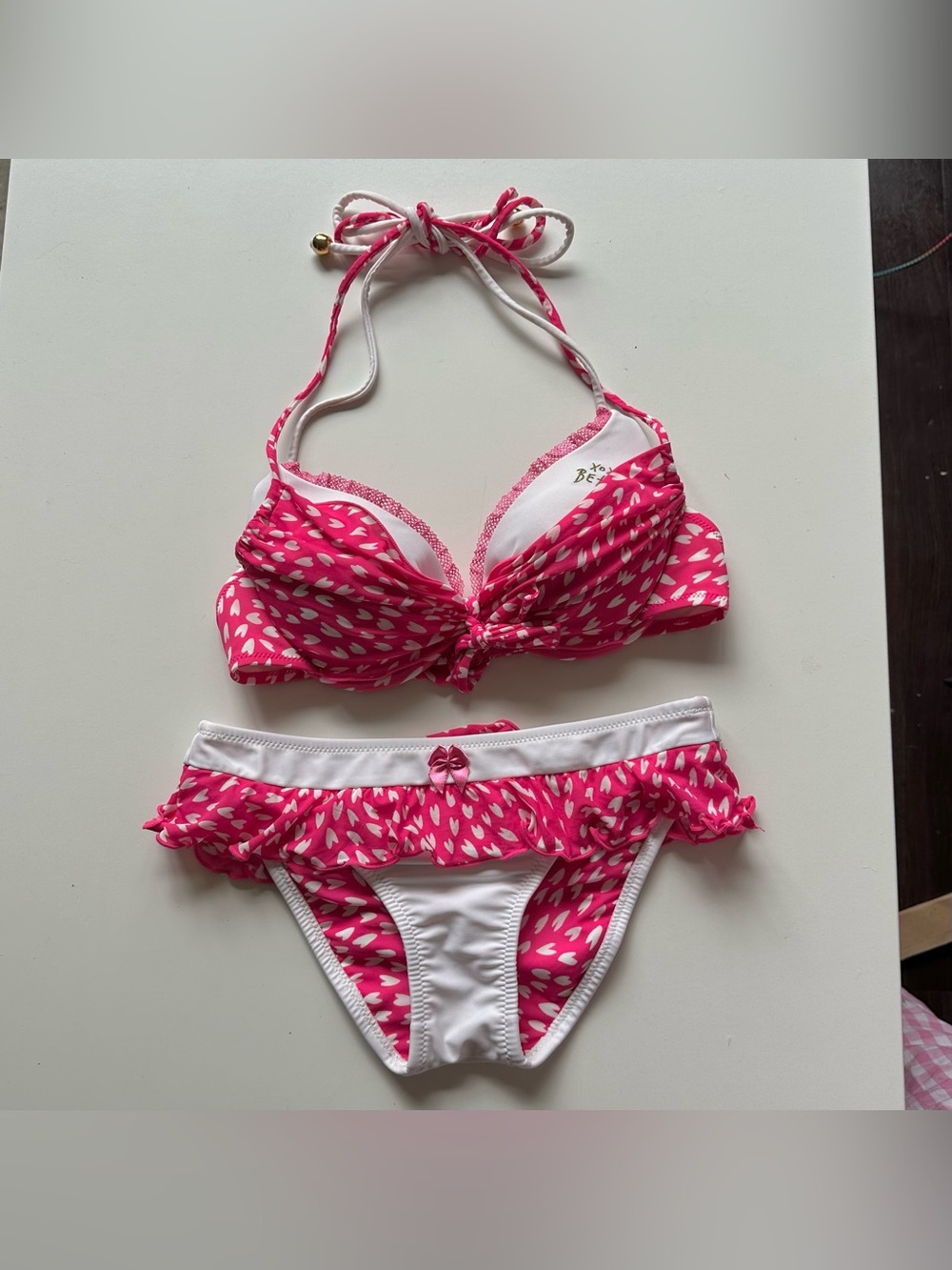 Vintage Y2K Betsey Johnson Ruffle Pink Lace Heart White Bikini Set XS/S?
Really